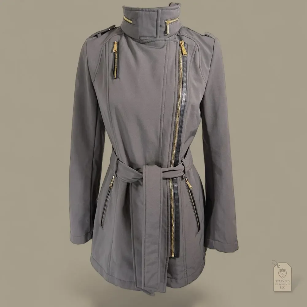 Michael Kors Gray Belted Softshell Coat XS | Faux-Fur Body Lining